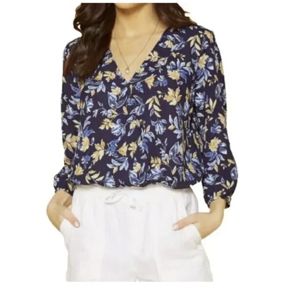🏆Pleione V Neck Semi Sheer Long Sleeve Floral Navy Bodysuit Top - Picture 1 of 7